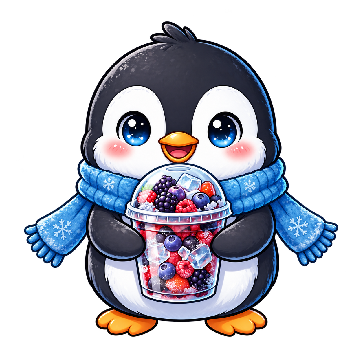Frozzy, un pingüino con una copa de frutos congelados